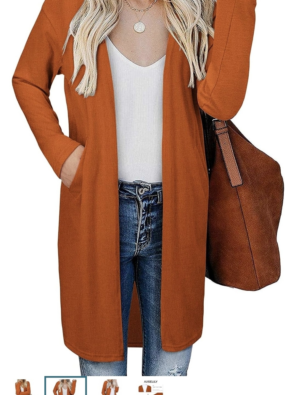 Open-Front Longline Coatigan in Rust Orange Auselily brand